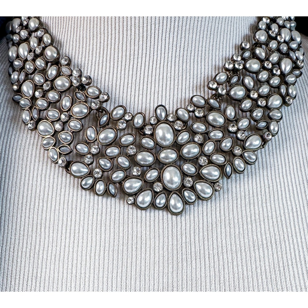 BaubleBar Pearl Rhinestone Statement Bib Necklace Silver Tone Bridal Prom
